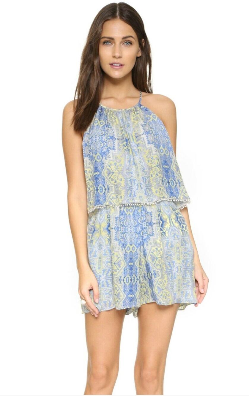 PARKER NWT Catamaran Blue and Green Silk Romper in Starlight // XS